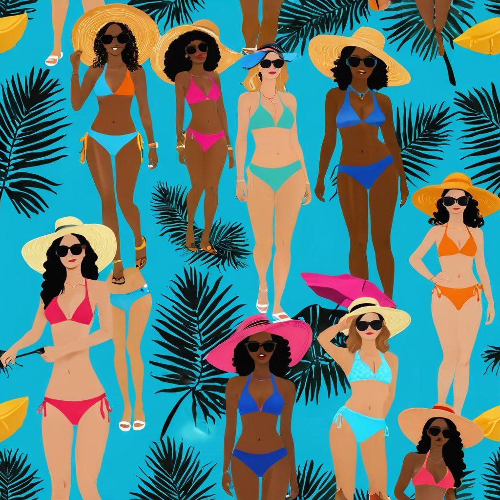 A stylish beach scene featuring diverse women showcasing various trendy bikinis in vibrant summer colors, sun hats, and sunglasses. The background includes a sunny sky, palm trees, and crystal-clear ocean waves, evoking a fun, relaxed atmosphere. Include accessories like beach towels and flip-flops to enhance the summer vibe. Illustrate a playful interaction among the models to capture the joy of summer fashion. super-realistic. vibrant colors. tropical theme.