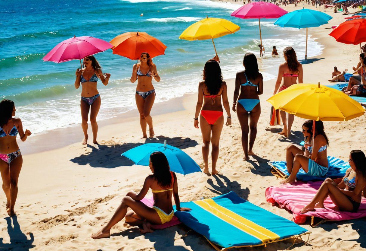 A lively beach scene showcasing diverse women of various body types in different stylish bikinis, engaging in various activities like surfing, beach volleyball, and sunbathing. The background features vibrant beach umbrellas, sparkling ocean waves, and colorful beach towels. Include elements of vintage and modern bikini designs merging harmoniously. Bright sunlight casts playful shadows, enhancing the joyful atmosphere. super-realistic. vibrant colors.